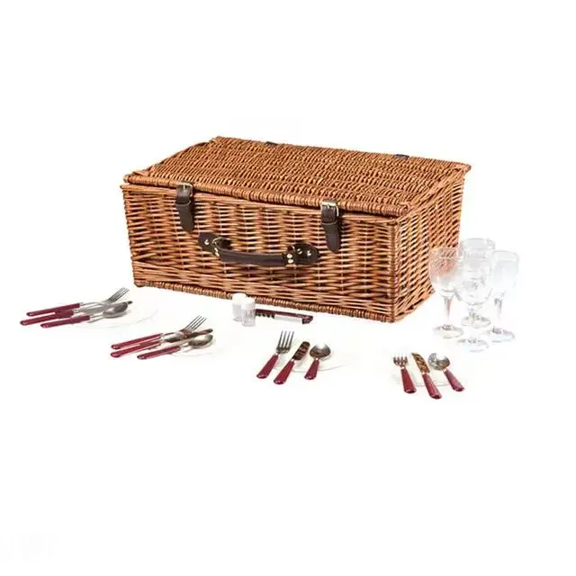 Hot selling wicker picnic basket for 4 people, rectangular with carpet, outdoor camping wicker basket