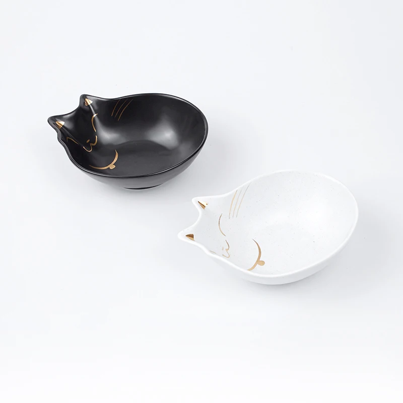 
Cat black and white golden bowl high quality ceramic pet bowl flat face cat food bowl 