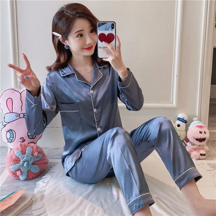 M to 5XL Spring Summer Ice Silk Pajamas Set Long Sleeves Sleepwear Suit Plus Size Silk Stain Ladies Night Suit for Women