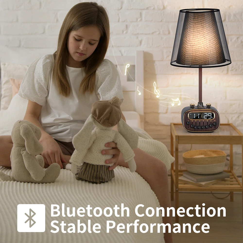 Multifunction dual alarm clock timing bedside lamp hotel retro white noise bluetooth linen fabric lamp shade USB led desk lamp