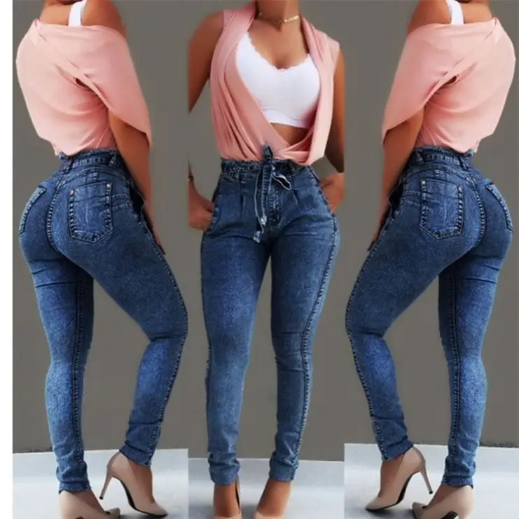 China Manufacturer New Design Women Blue Button Colombian Jeans Skinny Lift Butt High Waist Denim Pants