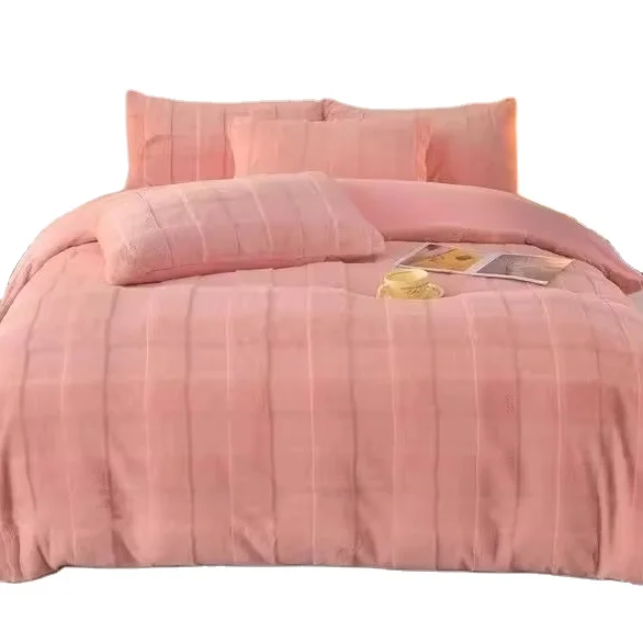 Custom Rabbit Hair Milk Velvet Cut Flowers Blankets for Winter Four Piece Bed Set Flannel Quilt Cover Blanket Double Bed Cover