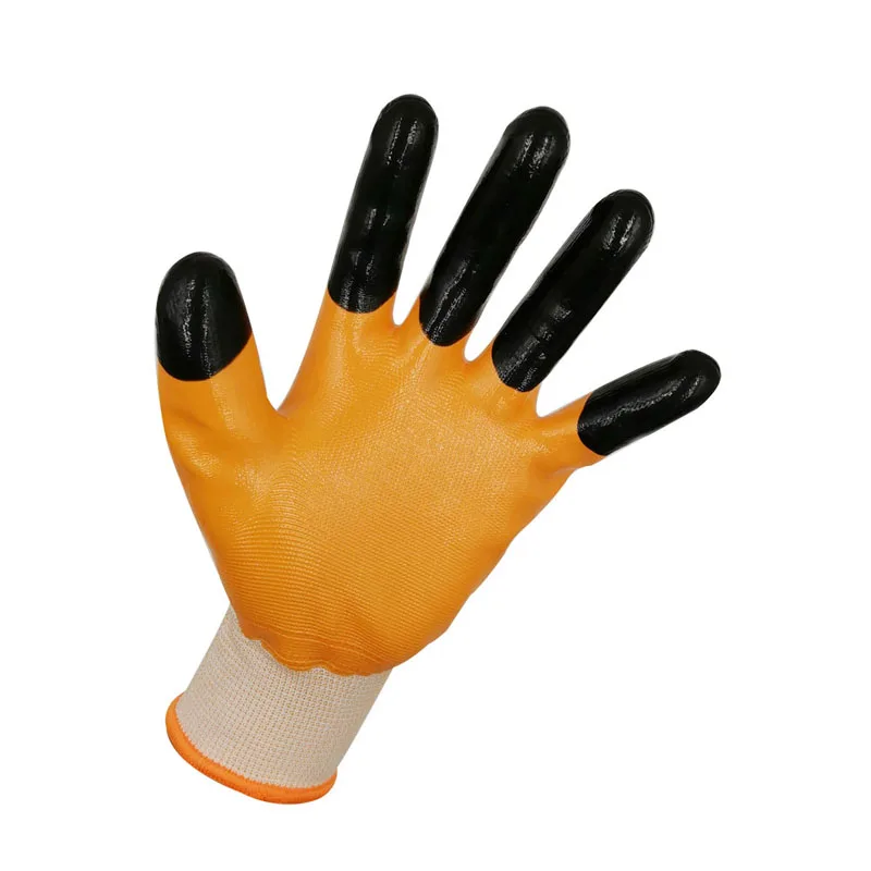 High Quality Polyester Dipped Double Finger Dipped Construction 13G Nylon Orange Nitrile Half Coated Garden Work Gloves