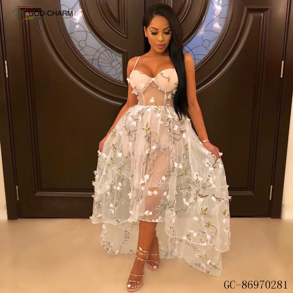 YH-86970281  wholesale European and American Sexy Flower Embroidered Mesh 2-Layer Lining Dress new fashion