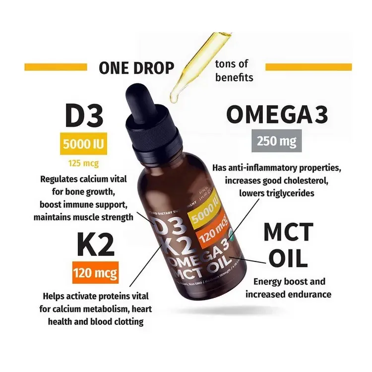 Organic Vitamin D3 K2 Drops w MCT Oil Omega 3, 5000 IU, Maximum Strength Vitamin D Liquid 5000 IU,  Vitamin D3 K2 Drops