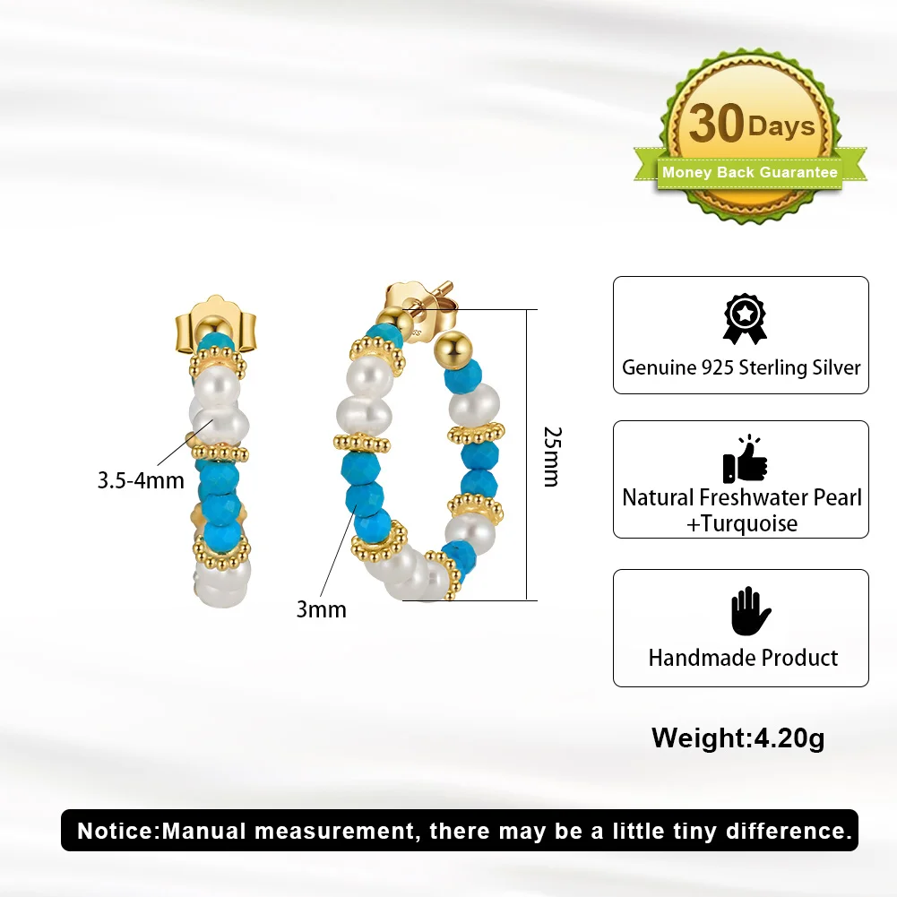 RINNTIN MPE01 Wholesale Silver Earrings 925 Sterling Women Huggie Boho Freshwater Pearl Turquoise Natural Stone Hoop Earrings