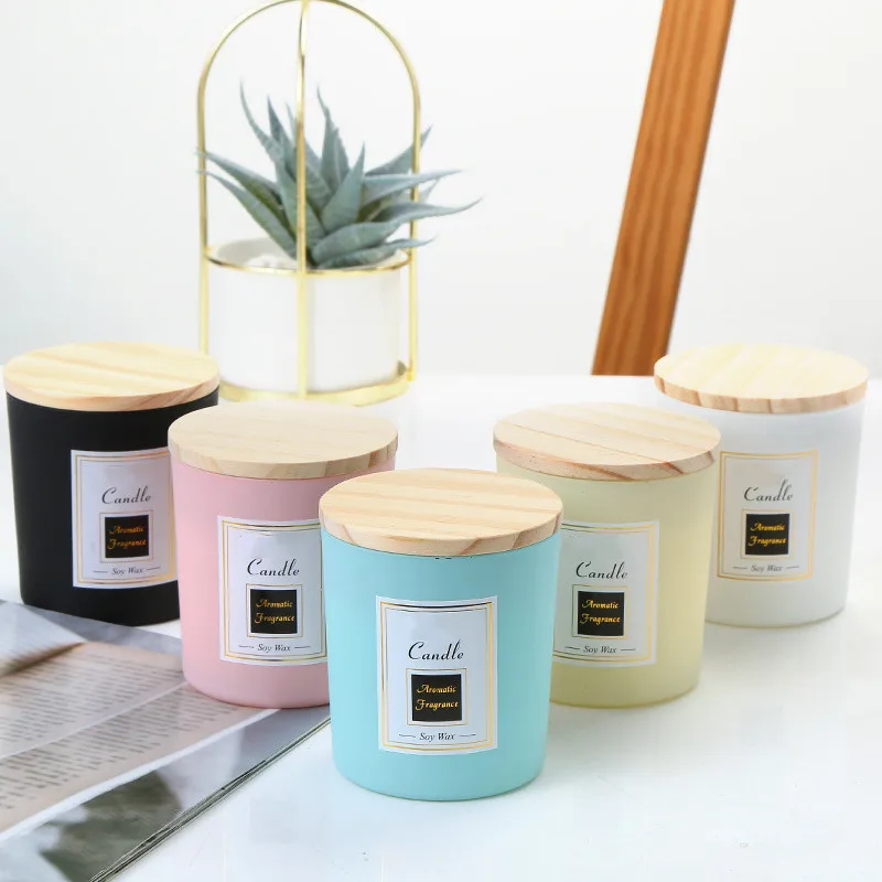 
Wholesale Fancy Multi-Colored Frosted Matte Glass Candle Jars With Wooden Lid 