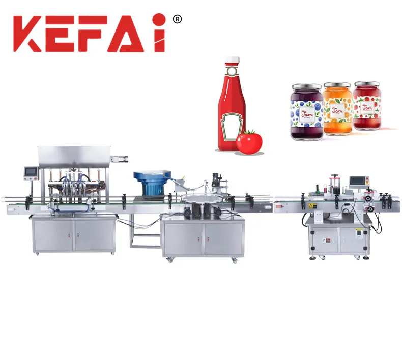 KEFAI Automatic 2/4/6 Head Desktop Pneumatic Piston Glass Bottle Ketchup Jam Peanut Butter Filling Capping And Labeling Machine