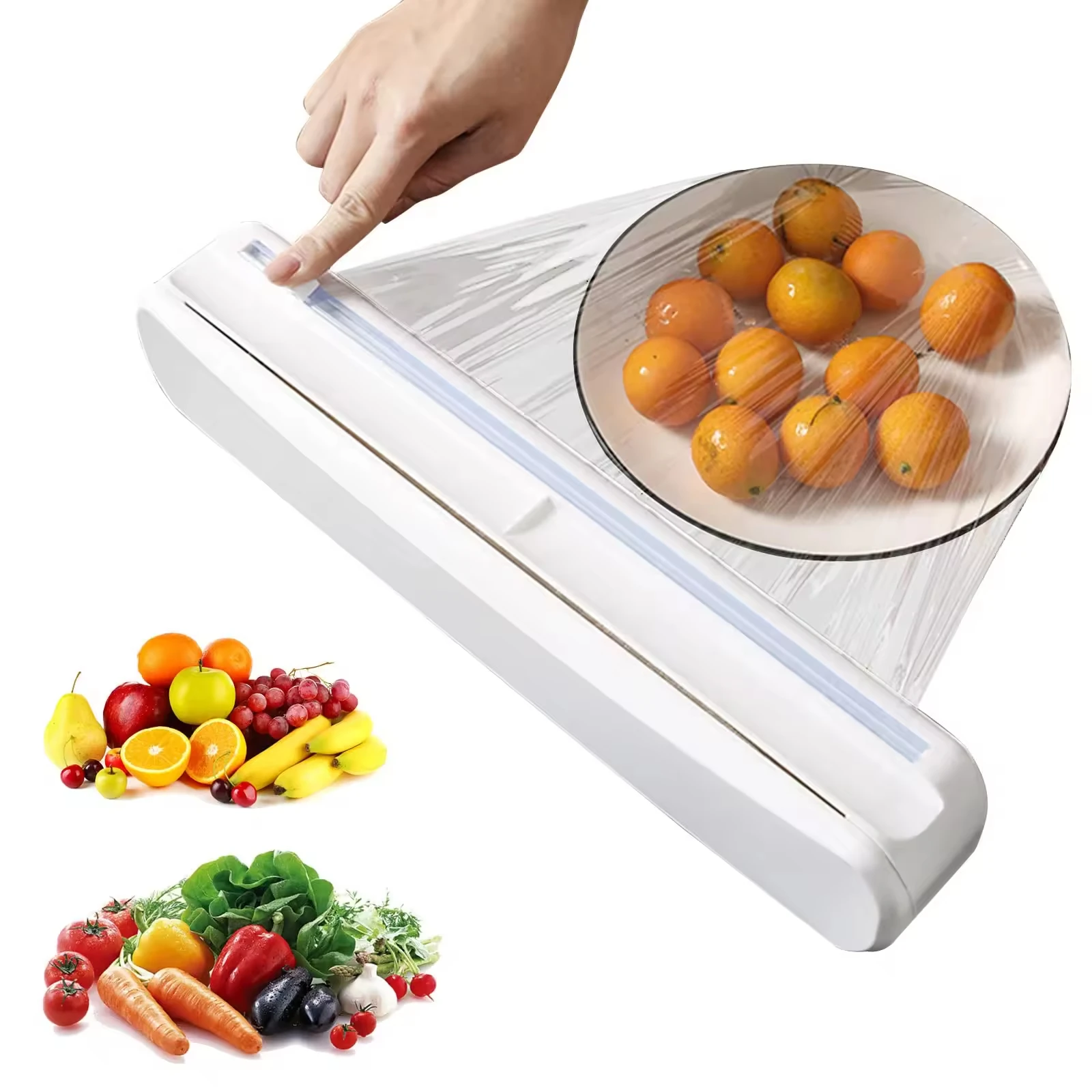 Reusable Plastic Wrap Dispenser with Slide Cutter PP Blade Material Press Function for Fruit and Vegetable Tools