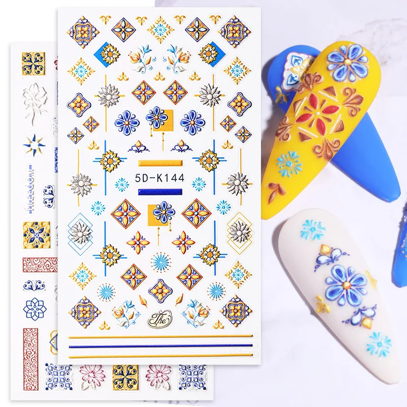 5D Simple Flowers Nail Embossed Stickers Wedding Design Adhesive Sliders Summer Textured Engraved Decoration