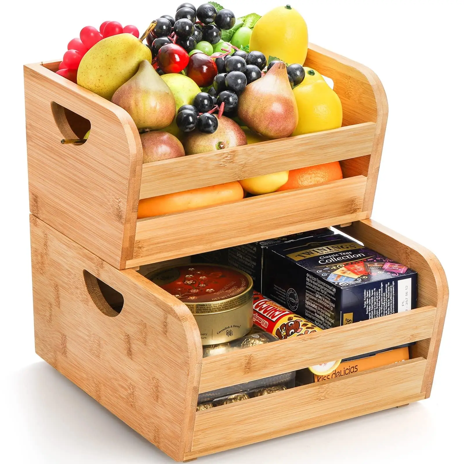 Bamboo Wood Stackable Storage Bins Food Organize Basket 2 Tier Bamboo Fruit Basket Counter Basket