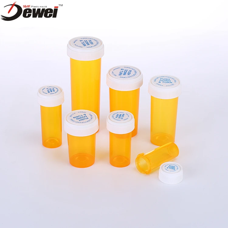 Plastic reversible vials or pill bottles or dram vials with a child resistant cap