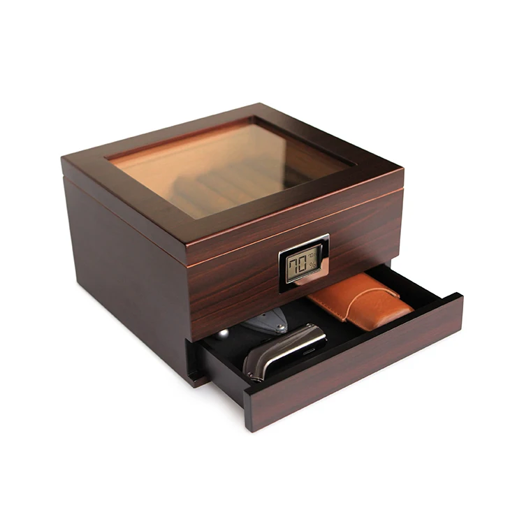 Wholesale  Glass Top  Cedar wood cigar humidor case with Accessory Drawer Front Digital Hygrometer Holds (30-60 Cigars)