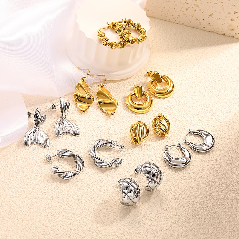 Baroque Korean Fashion Jewelry Luxury Stainless Steel Earring Statement 18K Gold Huggie Hoop Classic Boho Stud Earrings Women