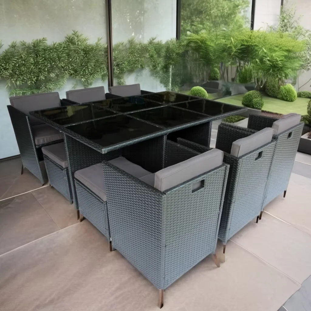 11-pieces Space-Saving Rattan Garden Cube Set Dinging Table With Rattan Chair and Ottoman for Outdoor Entertaining