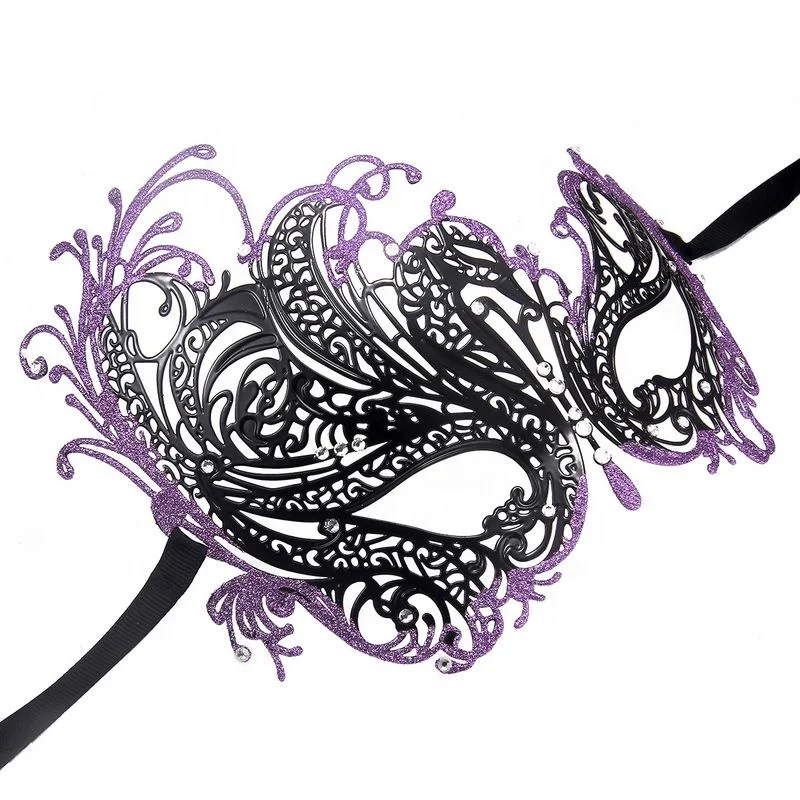 012B Black Purple Glitter Venetian Party Masks Black Metal Laser-cut Costume Shows Wedding Masquerade Mask