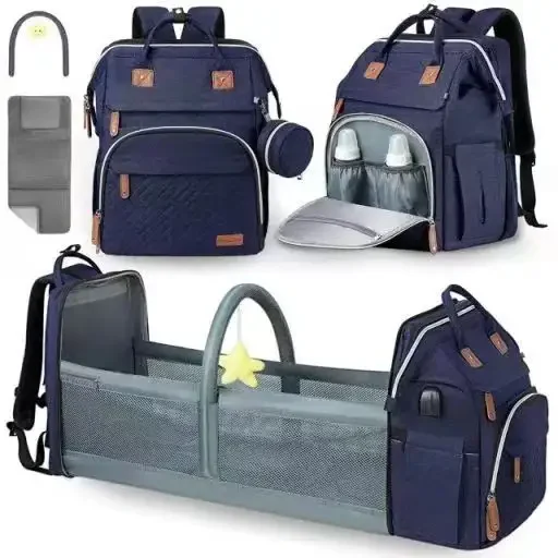 Wholesale Functional Folding Bed Bag Tote Nappy Mommy Waterproof Mummy Baby Diaper Backpack With USB Port Diaper Bag