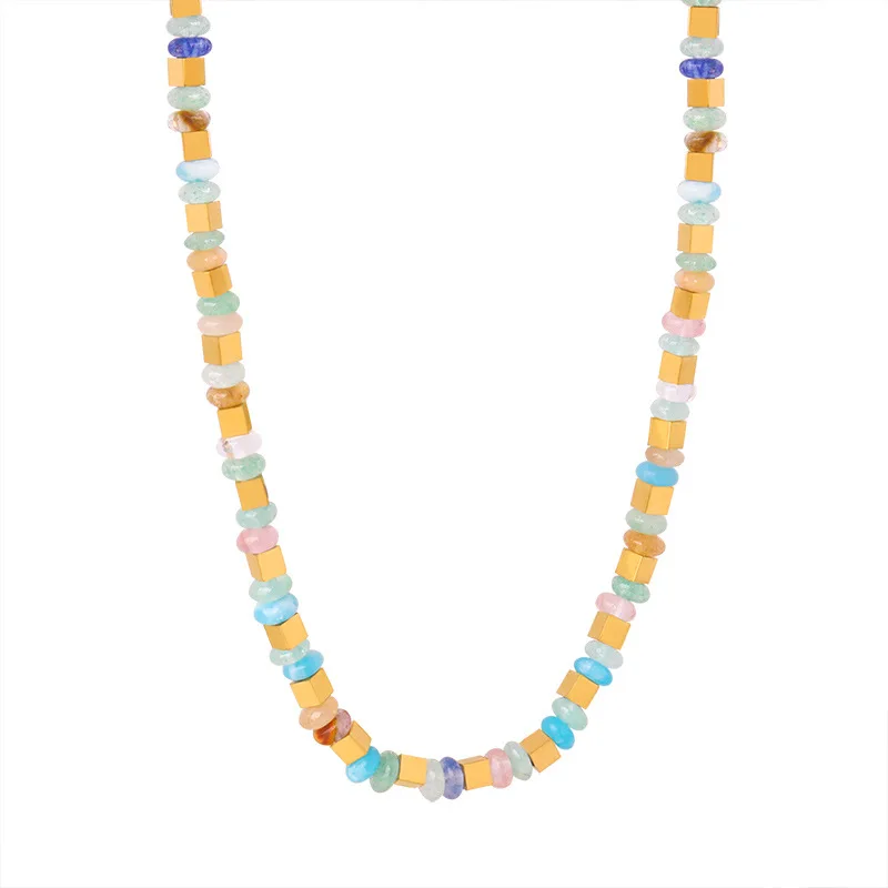 Customized Jewelry Natural Stone Ball Beaded Handmade Necklace Stainless Steel Small Square Versatile Necklace Jewelry