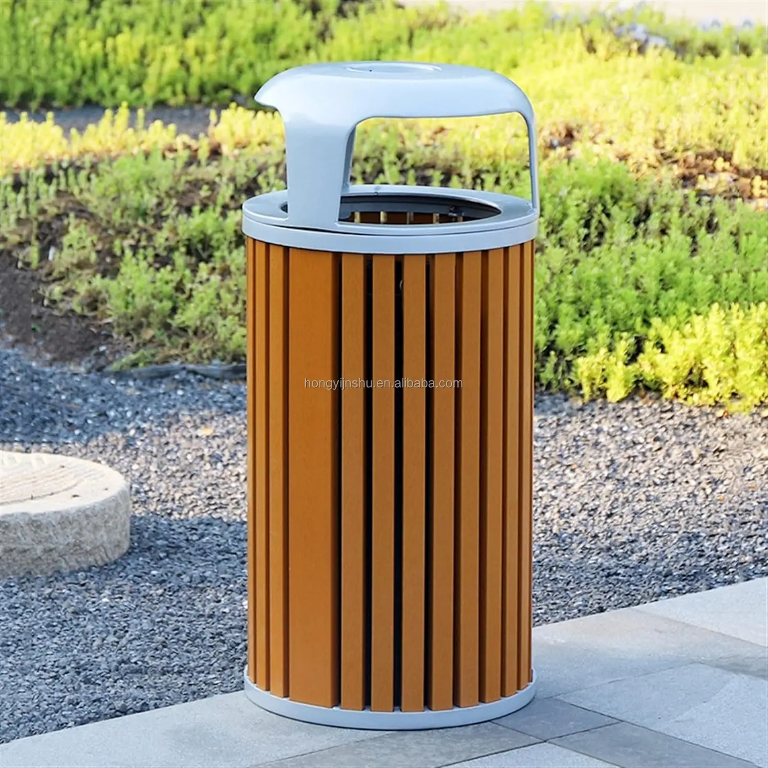Round design wooden trash can commercial trash cans stainless steel garbage bin