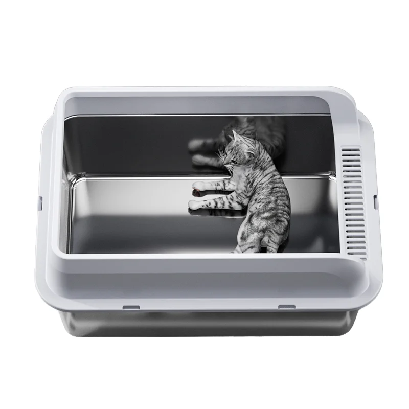 Oversized Open Style Stainless Steel Cat Litter Box Raised Fence High Absorption Splash Proof Cat Toilet Poop Basin Cats Dogs