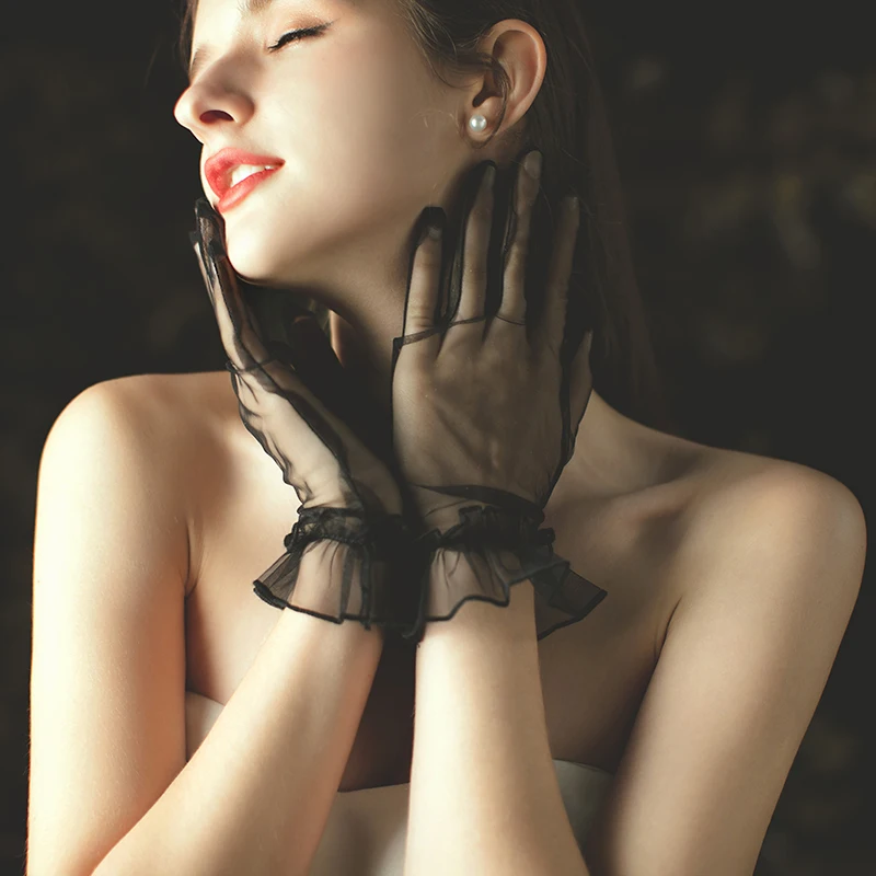 
G9836M2 Ladies Fashion White Short Bridal Wrist Length Wedding Hand Gloves lace glove dress gloves 
