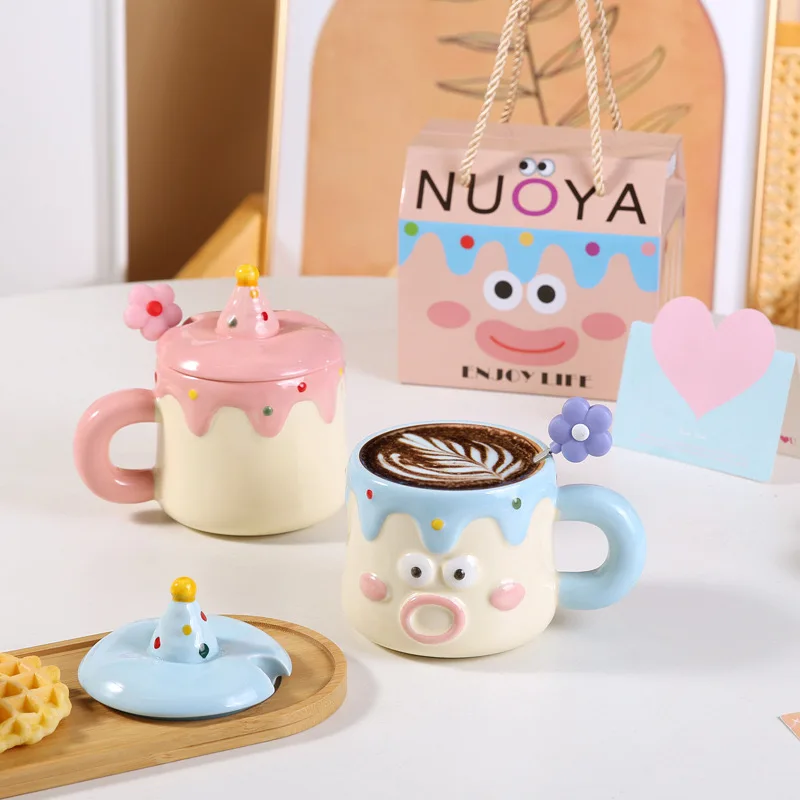 Factory wholesale Cute and Creative tea cups manual custom 3d Donut 390ml Ceramic coffee mugs Gift Box Set Christmas gift