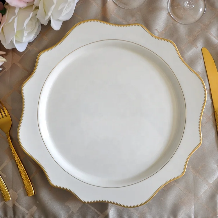 wholesale tooth wedge shaped white and gold rim porcelain ceramic charger dinner plates for wedding decoration