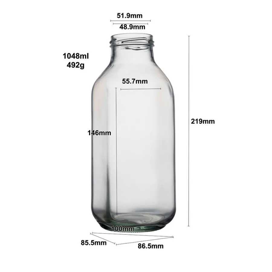 Berlin Packaging French Style 1020ml Square Thicken Beverage Glass Bottle Clear Empty Milk Fruit Juice Glass Jar Price