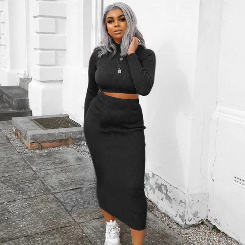 
Ribbed knitted women two piece matching set crop top midi skirt sexy festival party winter clothing Y12492 