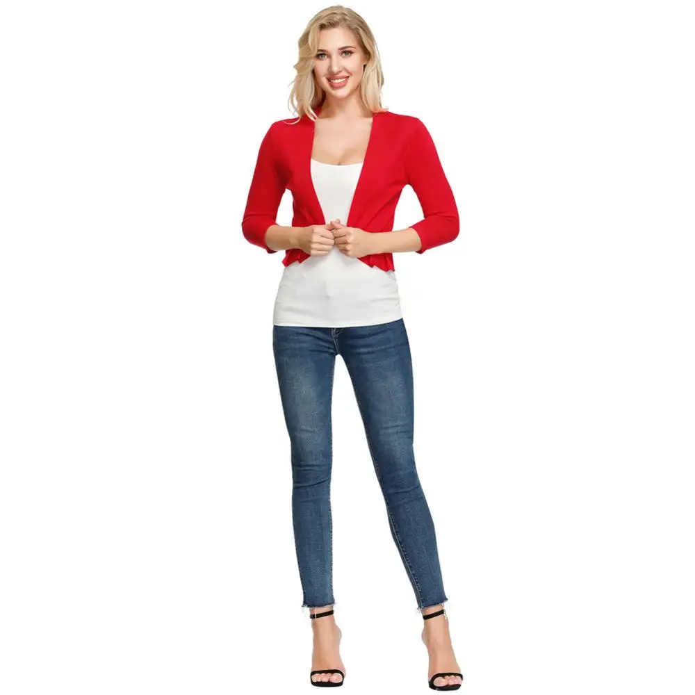 KCE02040 KK Womens Pleated Knitted Bolero Shrug Knitwear 3/4 Sleeve Open Front