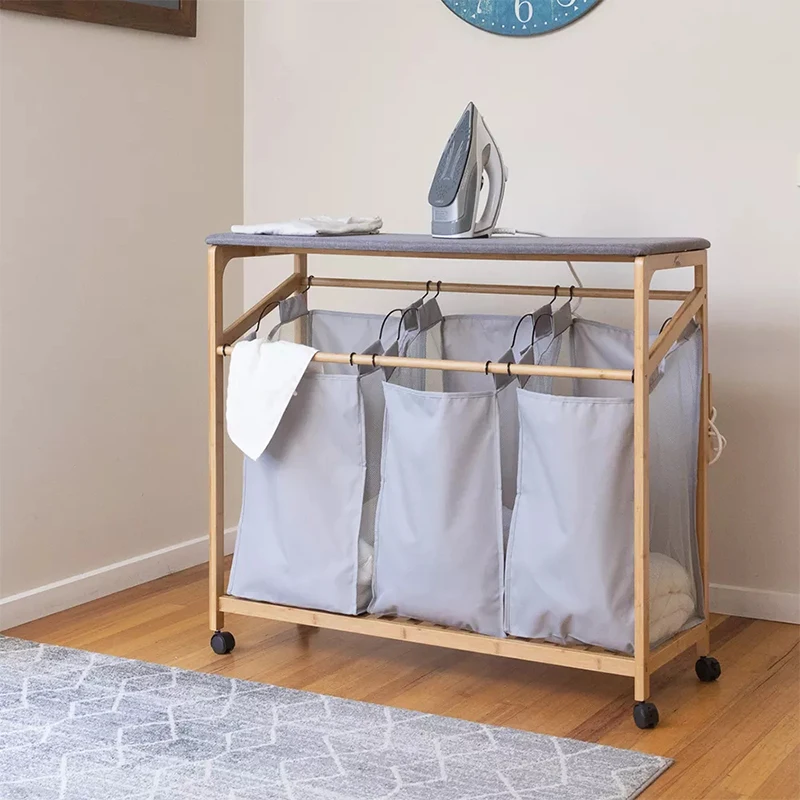 NEW Bamboo Laundry Sorter Cart with Foldable Ironing Board with Removable 3 Bags Laundry Hamper Sorter