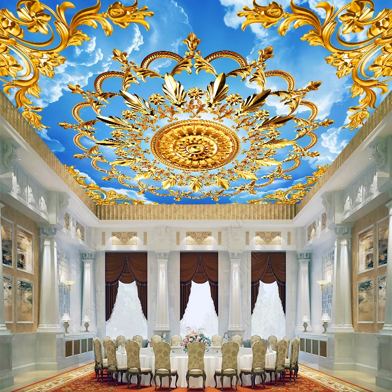 3d European Style Wall Mural Gold Plaster Line Carved Ceiling Wallpaper Sky 3d Wall Papers