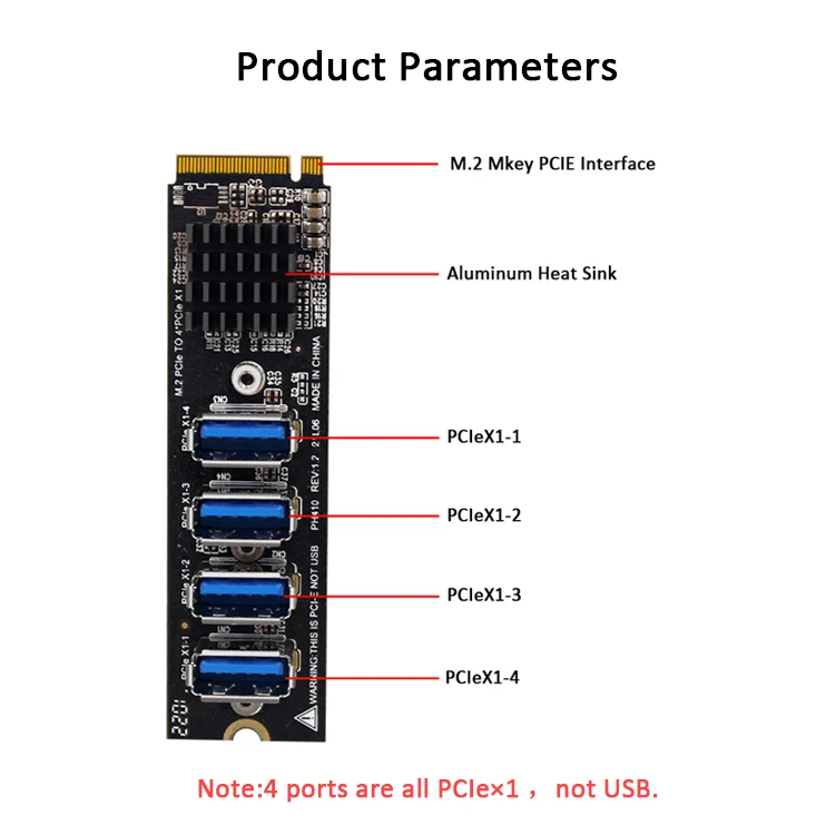 M.2 PCI Express Multiplier PCIE 1 to 4 Riser Card for PCI Express X16 Riser Graphic Card ASM1184E PH410