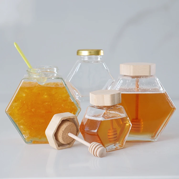 Manufacturer 1.5 oz Mini Glass Jar Honey Jar Mini Hexagonal Glass Honey Jar with Wooden Lid