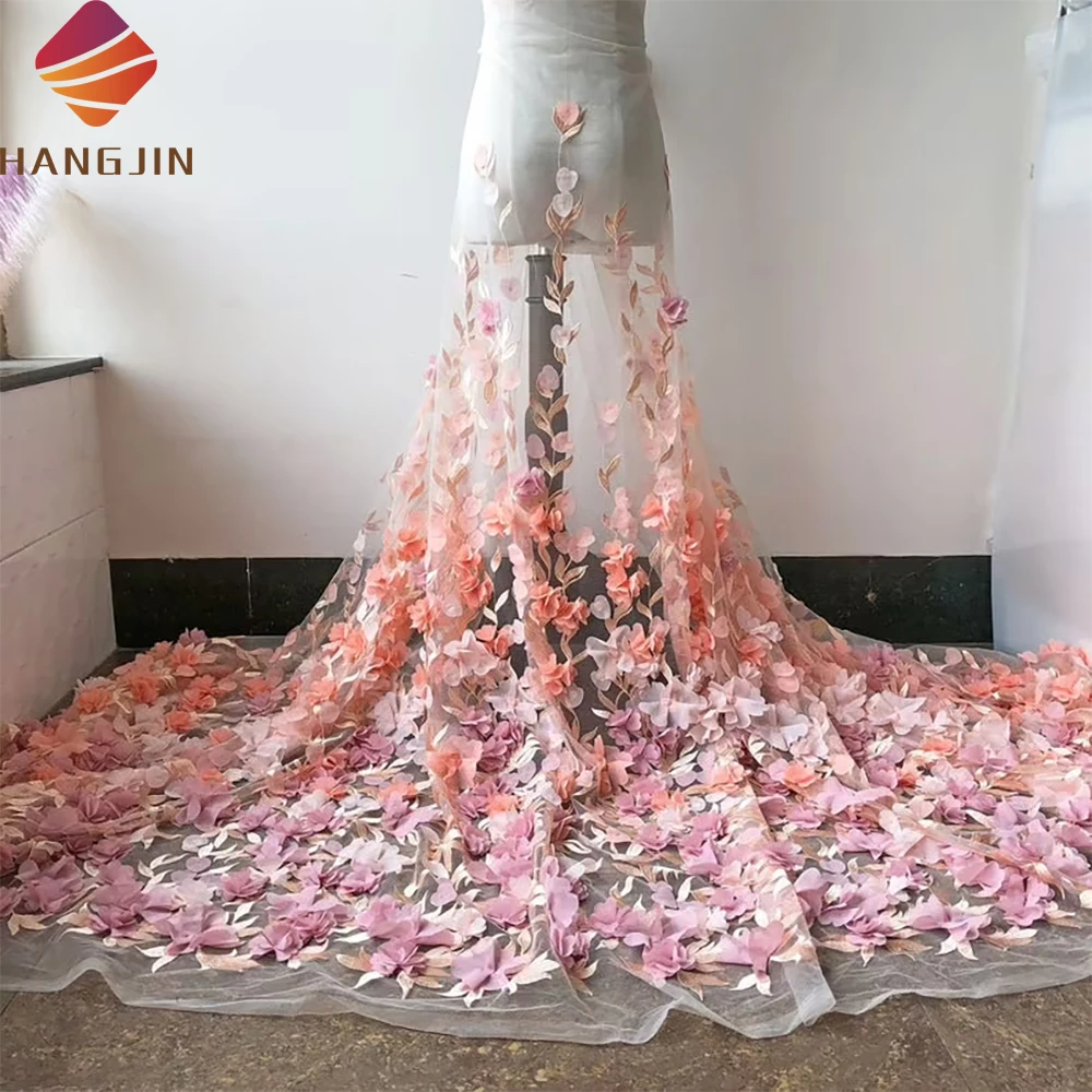 Peach Pink Soft 3D Chiffon Flower Lace Fabric 3D Flowers Petals Embroidery Bridal Tulle Lace Fabric For Wedding Dress