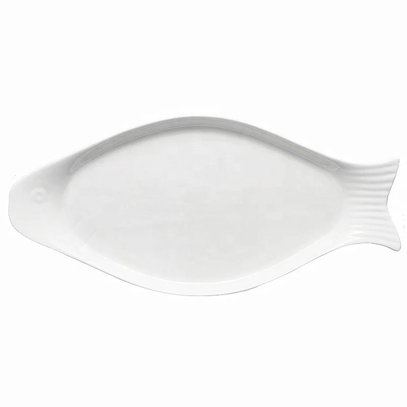 The latest OEM logo white cute ceramic big tableware fish shaped dinner plates for restaurant and hotel