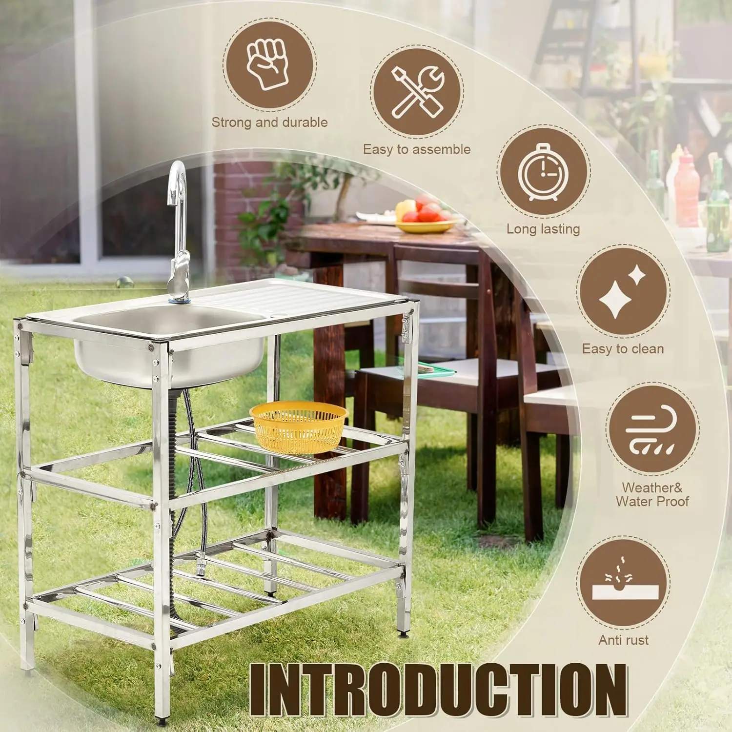 Tandefio Stylish Single Bowl Stainless Steel Freestanding Outdoor Kitchen Utility Sink Set Commercial Restaurant Portable Sink