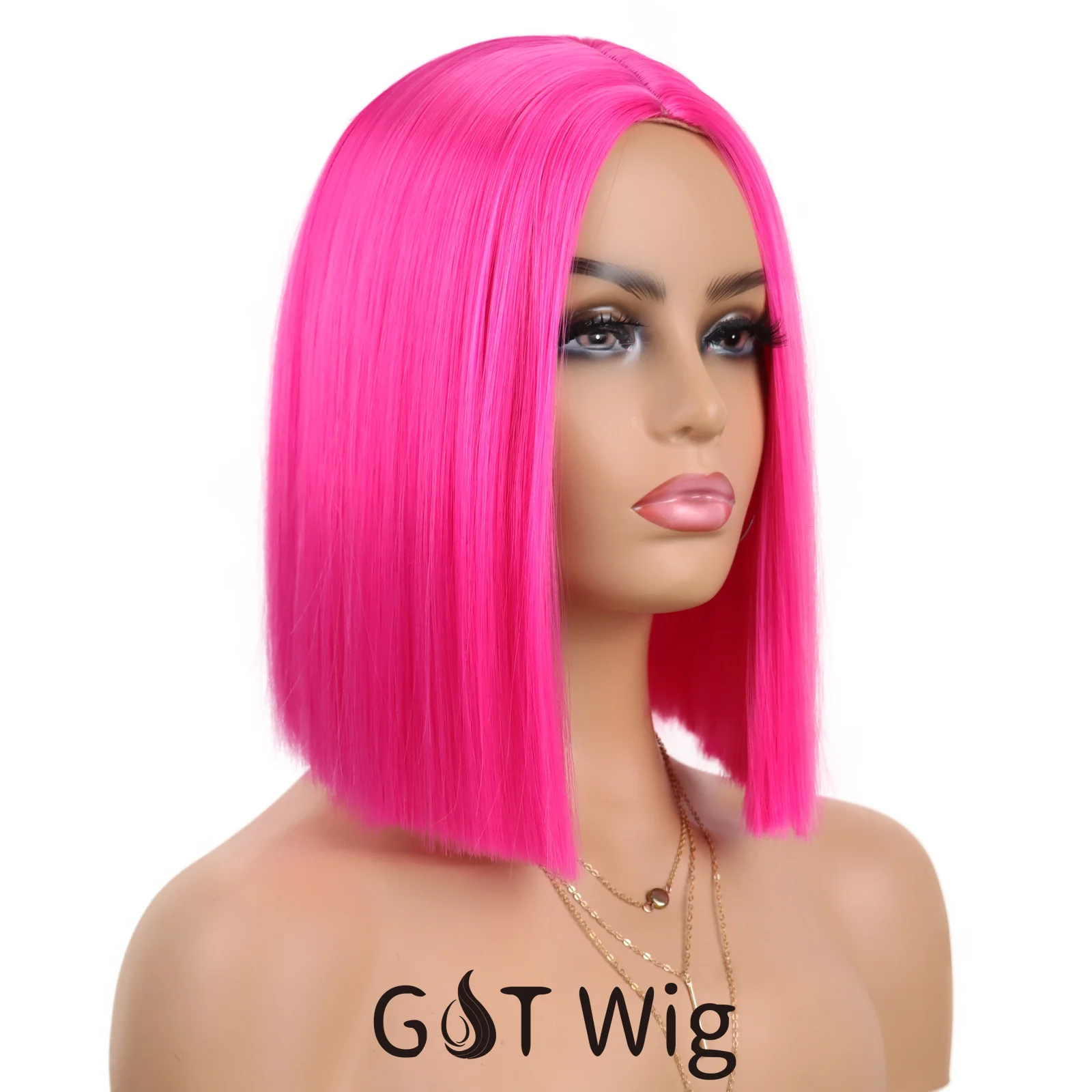 G&T Wig Hot Pink Bob Wig Short Straight Wigs for Women Middle Heat Resistant Synthetic Hair Silky Natural as Real Hair