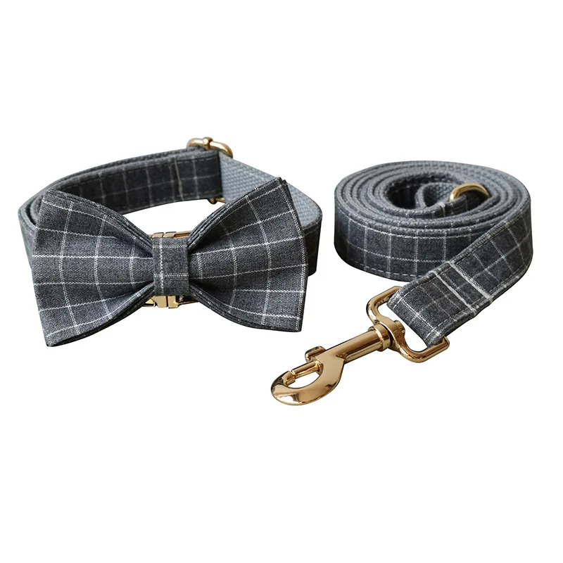 Wholesale Luxury Golden Metal Buckle Bow Pet Collar Leash Set Plaid Pattern For Dog Cat