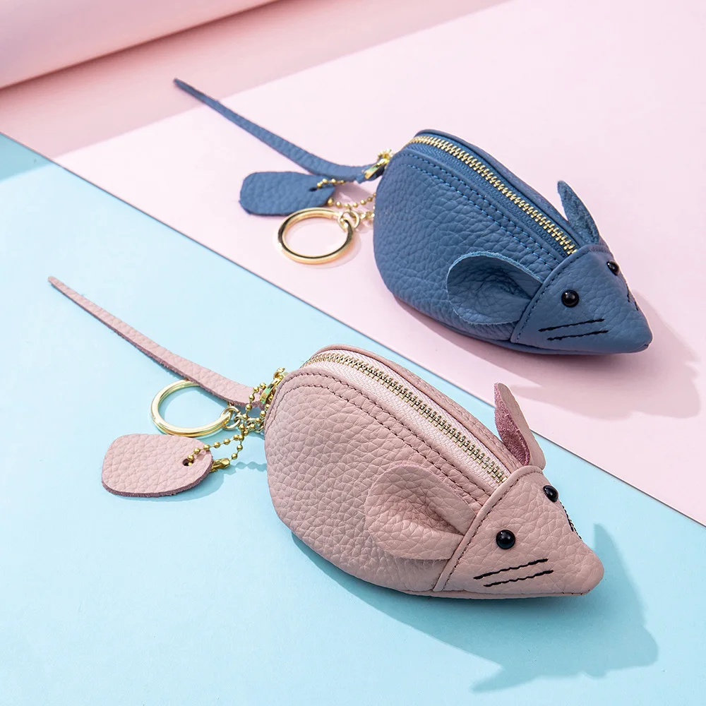 Womens Bags Cartoon Mouse Ears Cute Coin Purse Storage Bag Genuine Leather Portable Lipstick Pouch Girls Cute Wallet Coin Purse