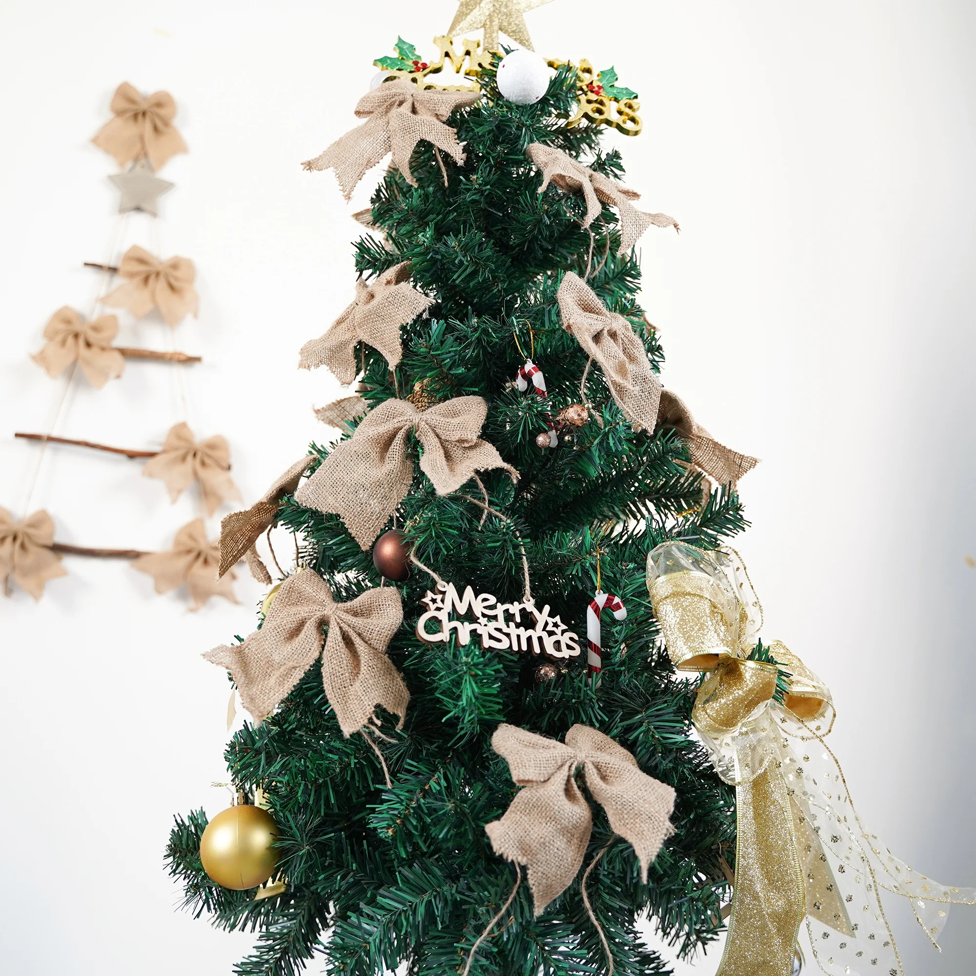 Midi Wholesale Custom Pre-made Natural Burlap Ribbon Bow for DIY Craft and Christmas Tree Decoration
