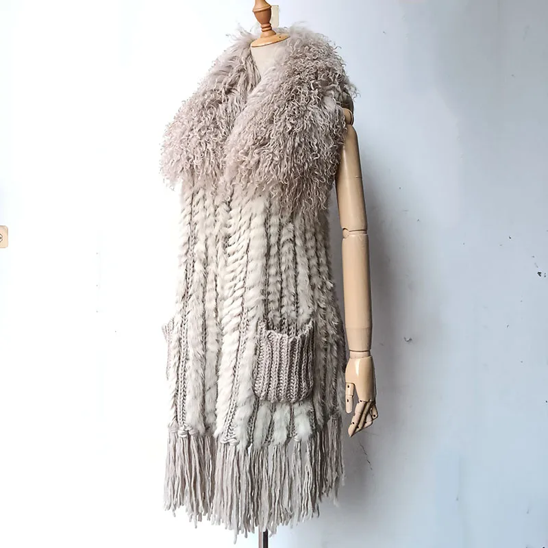 Real Rabbit Fur Vest With Mongolia Sheep Collat Women Long Elastic Knitted Fur Gilet Ladies Spring 2024 Fashion Vests
