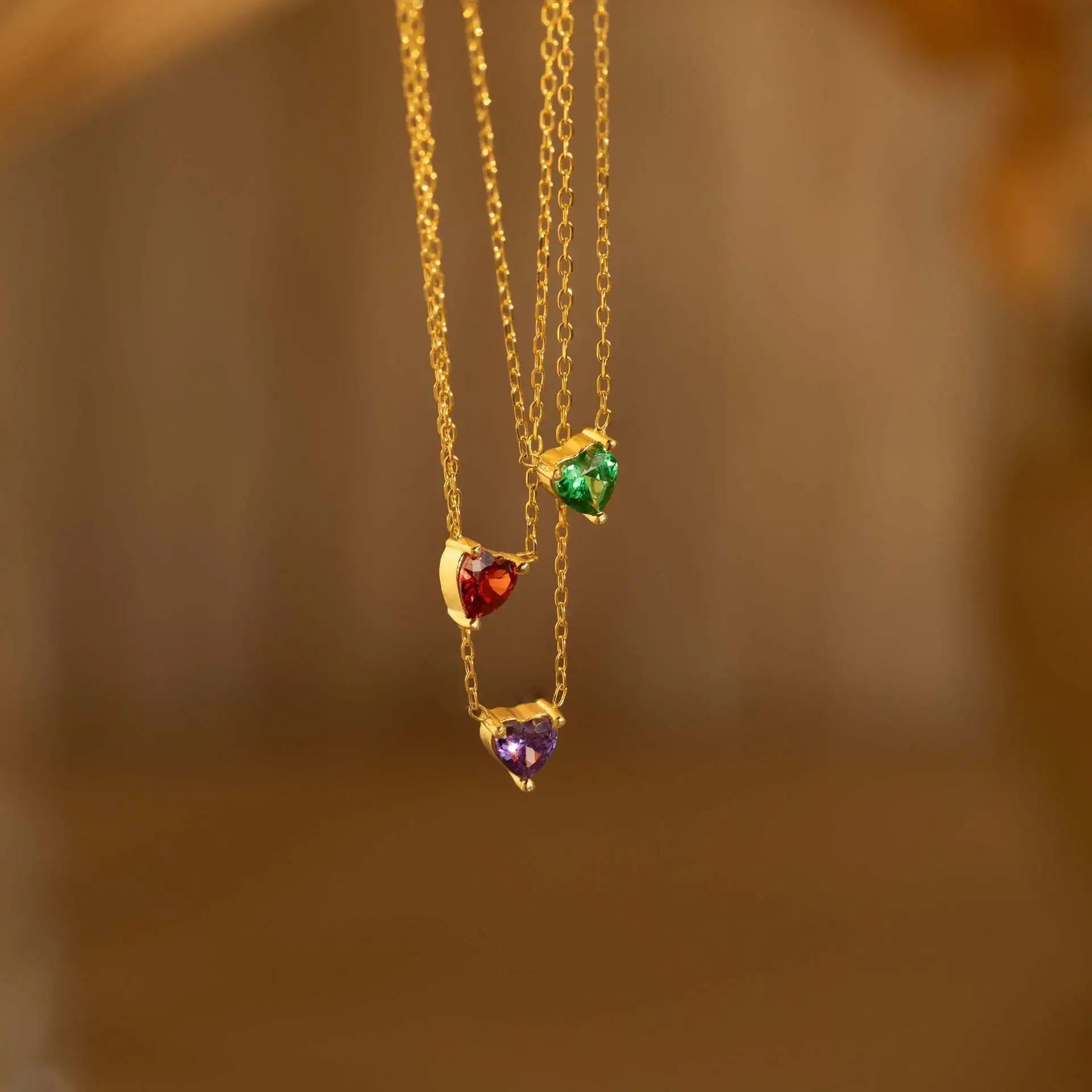 Fashion 12 Birth Stones Heart Necklace Stainless Steel Zircon Gold Plated Twelve Crystal Rhinestone Colorful Pendants Chain