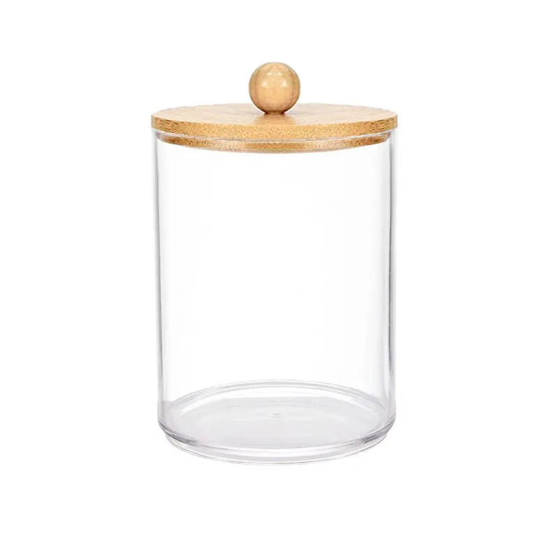 Cosmetic Organizer Acrylic Qtip Holder with Bamboo Lid Transparent Small Cotton Swab Dispenser Toothpick Storage Container