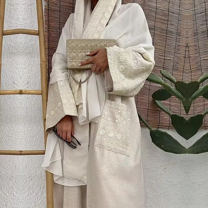 GZRUNDE Custom linen open trending abayas 2 pieces embroidered hijab attached abaya islamic linen clothing for women