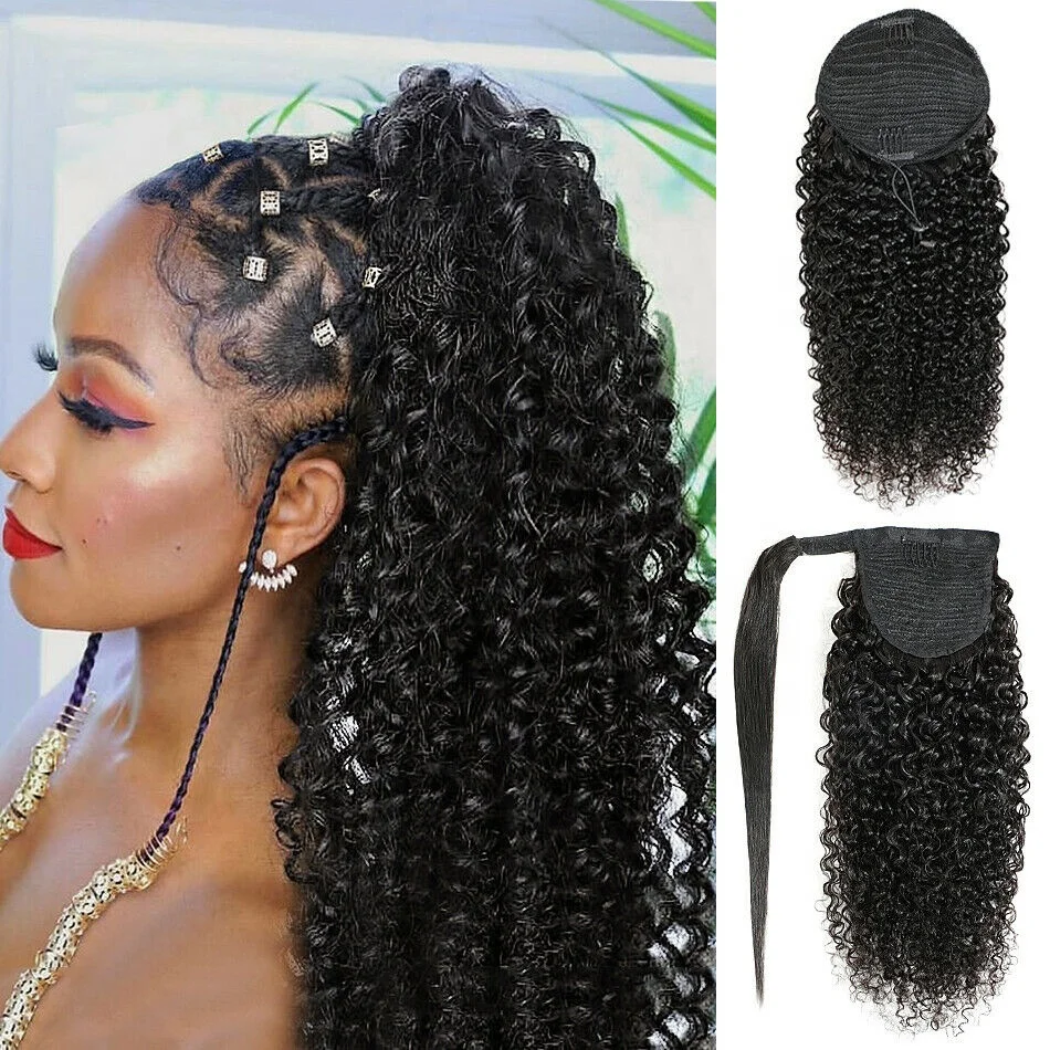 100% бразильские человеческие волосы на шнурке хвост для черных женщин обертывание вокруг зажима в хвостик