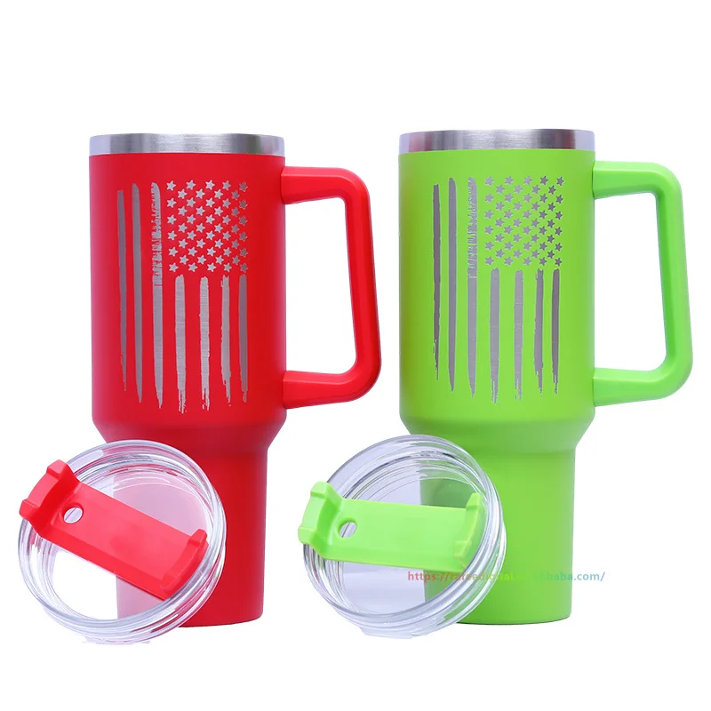 Custom 40oz 40 oz Laser Engraved USA Flag Pattern Double Wall Insulated Stainless Steel Tumbler Cup with Handle Wholesale Bulk