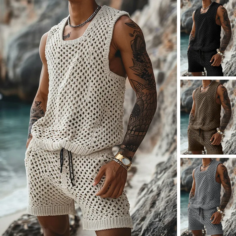 King Mcgreen star Hot selling men Short Sleeve O Neck Shirt And Shorts Suit Hollow Out Beach Tracksuit Men Two Piece Set