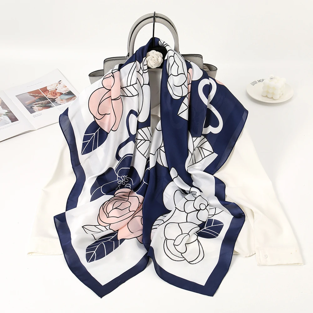 New Arrival Elegent Summer Bandana Square Fancy Flower Printed Hijab Satin Silk Scarf For Woman