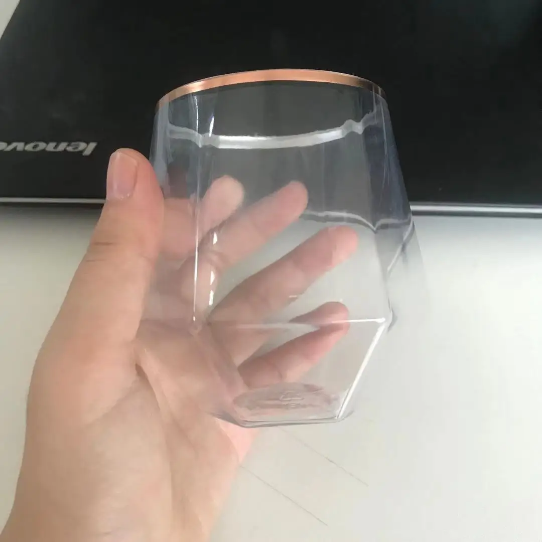 Gold Diamond Shaped Plastic Stemless Wine Glasses Disposable 12 Oz Clear Plastic Whiskey Glasses for Birthday, Weddings